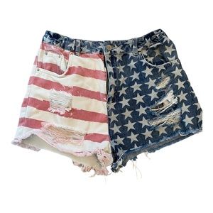 Topshop Moto Mom distressed red, white and blue jean shorts